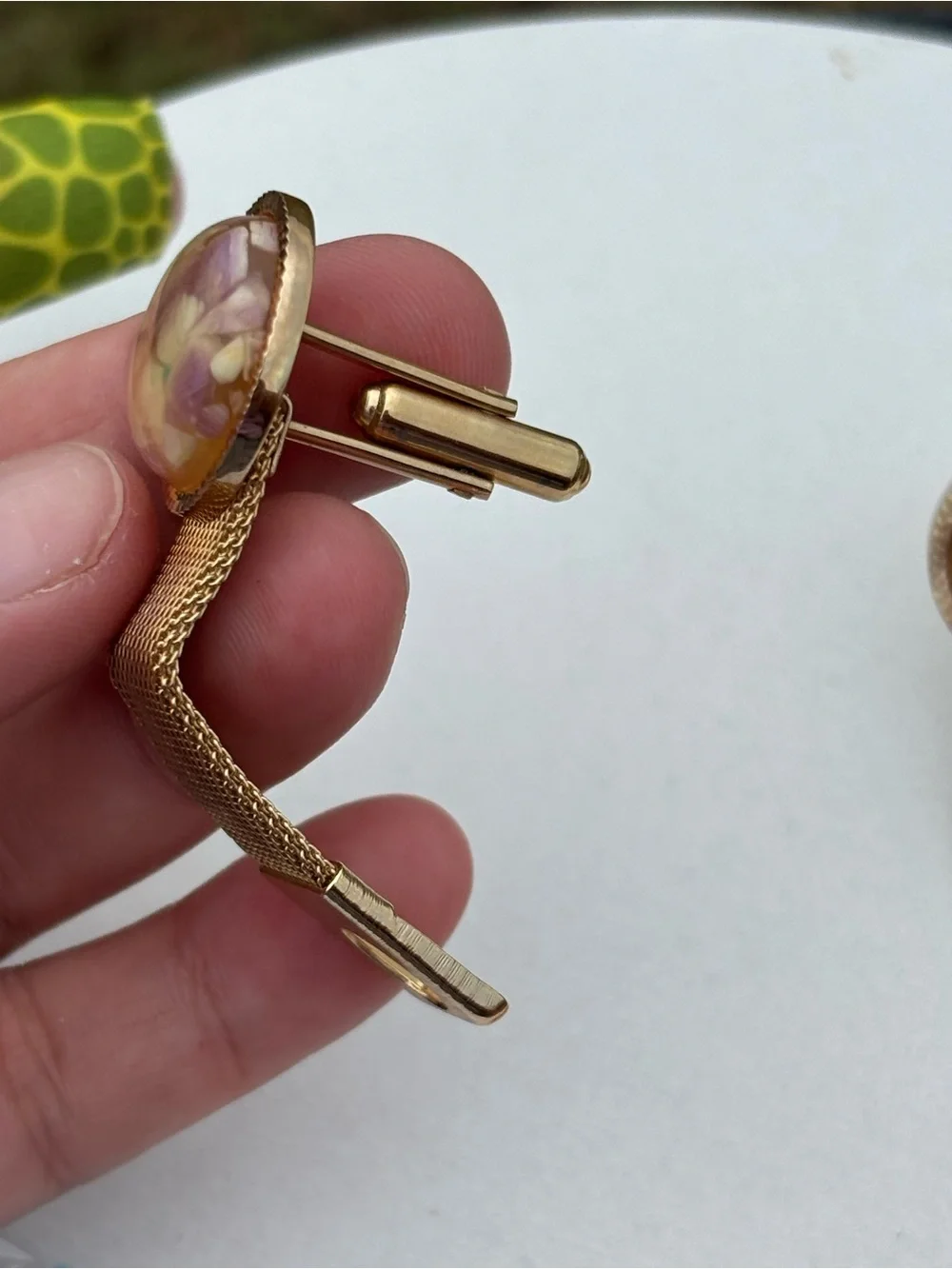 Vintage Gold Tone Mesh Wrap Cufflinks & Matching Tie Clip Set Pressed Flower Luc